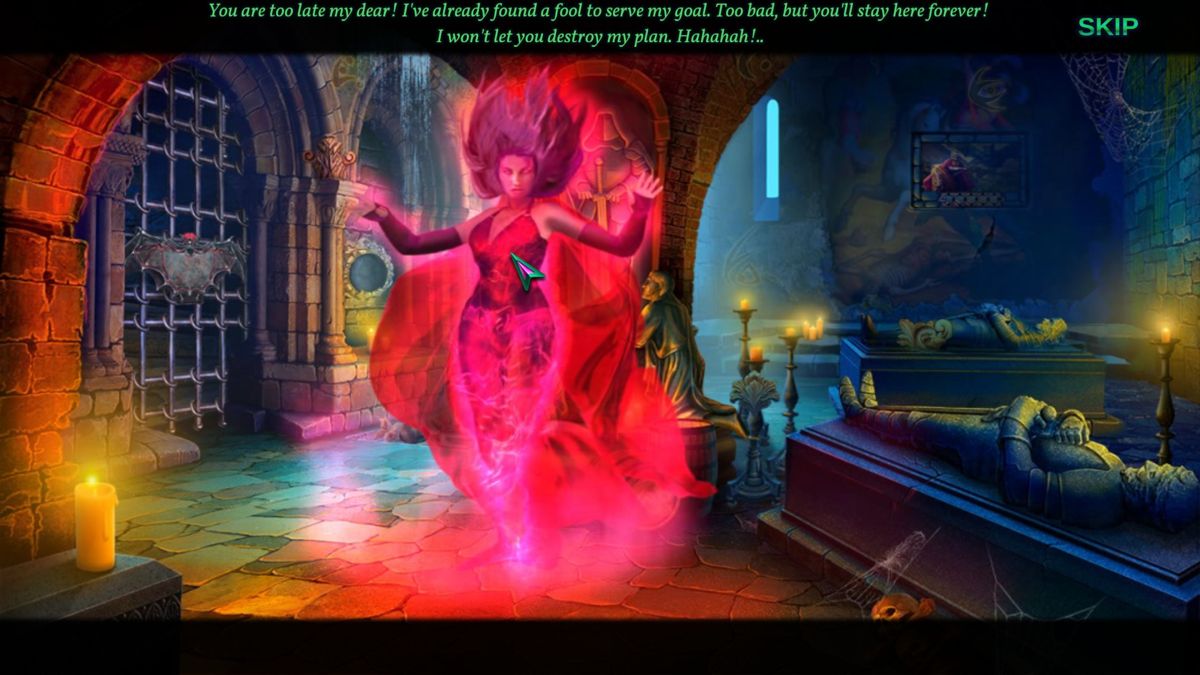 Pride and Prejudice: Blood Ties (Windows) screenshot: This is the Red Moon Witch. She was separated from her soul and imprisoned in this tomb. I think she may be a baddie that we will see again.