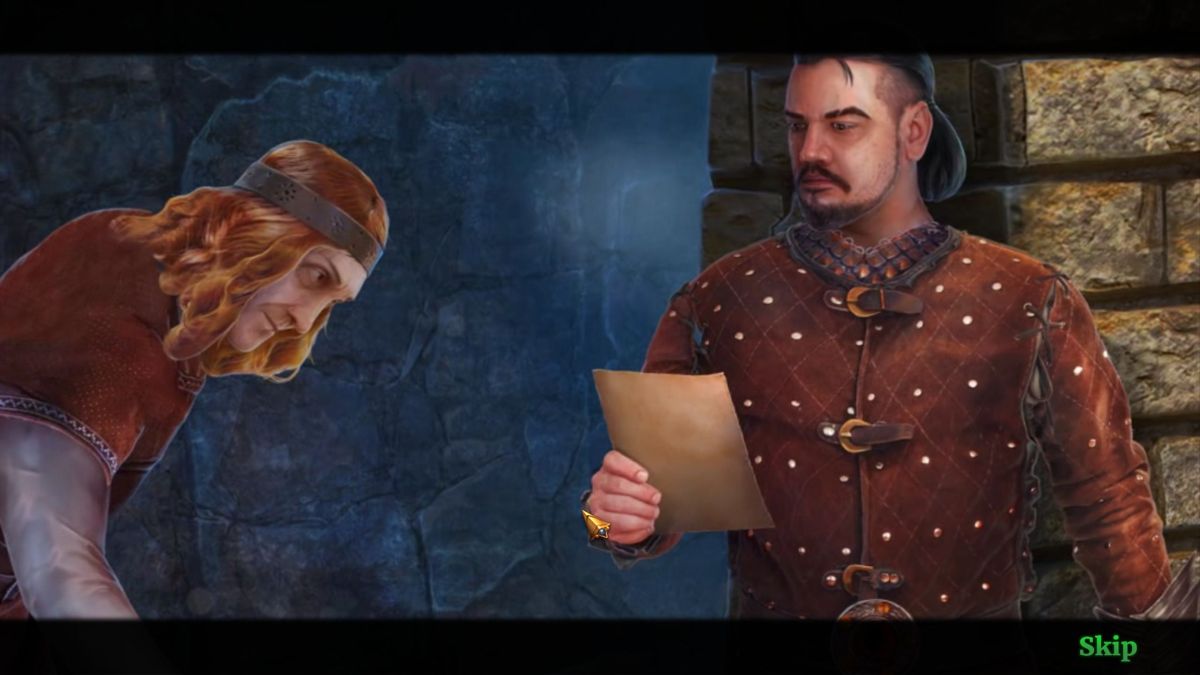 Camelot: Wrath of the Green Knight (Collector's Edition) (Windows) screenshot: The chap on the left looks dodgy but the guy on the right reading the secret note is Mordred and he is definitely up to no good.