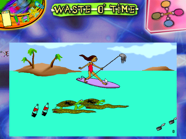 Let's Talk About Me (Windows 3.x) screenshot: In this action game, we have to avoid the obstacles by moving the surfer around with the mouse