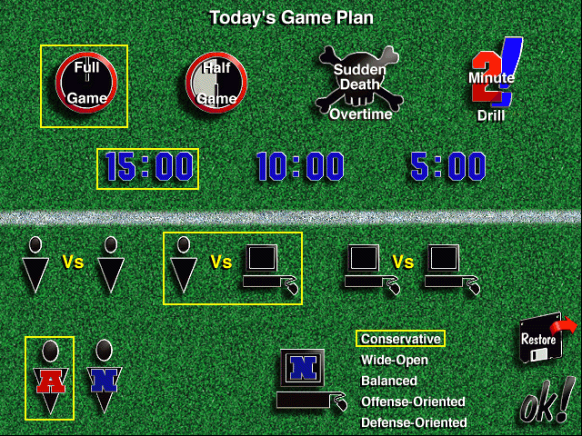 Live Action Football (Windows 3.x) screenshot: Main menu and match setup
