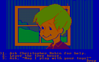 Winnie the Pooh in the Hundred Acre Wood (DOS) screenshot: Cristopher Robin; you can ask a question, or leave the house (CGA with RGB monitor)