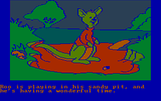 Winnie the Pooh in the Hundred Acre Wood (DOS) screenshot: Meanwhile Roo plays in the sandy pit (CGA with RGB monitor)