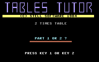 Table Invaders (Commodore 64) screenshot: Tables Tutor: Part 1 or 2?
