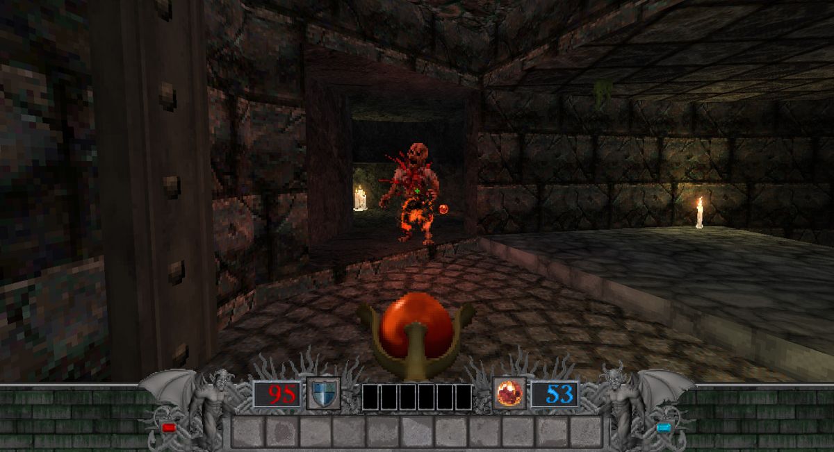 Hands of Necromancy (Windows) screenshot: Blasting a zombie with the Fireball Staff.