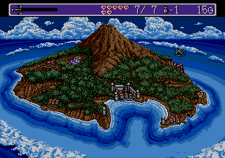 Landstalker (Genesis) screenshot: The map of the island; the fairy hovers above your location.