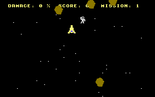 Rescue 17 (Commodore 64) screenshot: Starting Mission 1. Trying to save the astronauts without getting hit by those asteroids. Hint: Do not thrust TOO hard, otherwise you will fly out of the screen and getting hit!