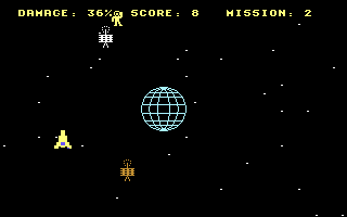 Rescue 17 (Commodore 64) screenshot: Mission 2: In this mission you have to save the astronauts without hitting the satellites AND the planet.