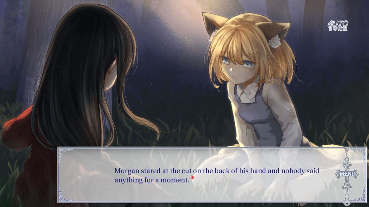 Bloodholic (Windows) screenshot: While harvesting the herbs Talisa comes across an apparently resurrected wolf girl with the name 'Morgan' on her collar