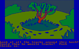 Winnie the Pooh in the Hundred Acre Wood (DOS) screenshot: Are these woozle tracks? (CGA with RGB monitor)