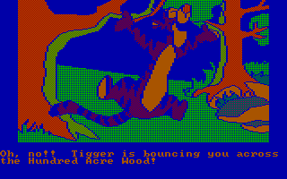 Winnie the Pooh in the Hundred Acre Wood (DOS) screenshot: Tiger bounces me across the woods! (CGA with RGB monitor)