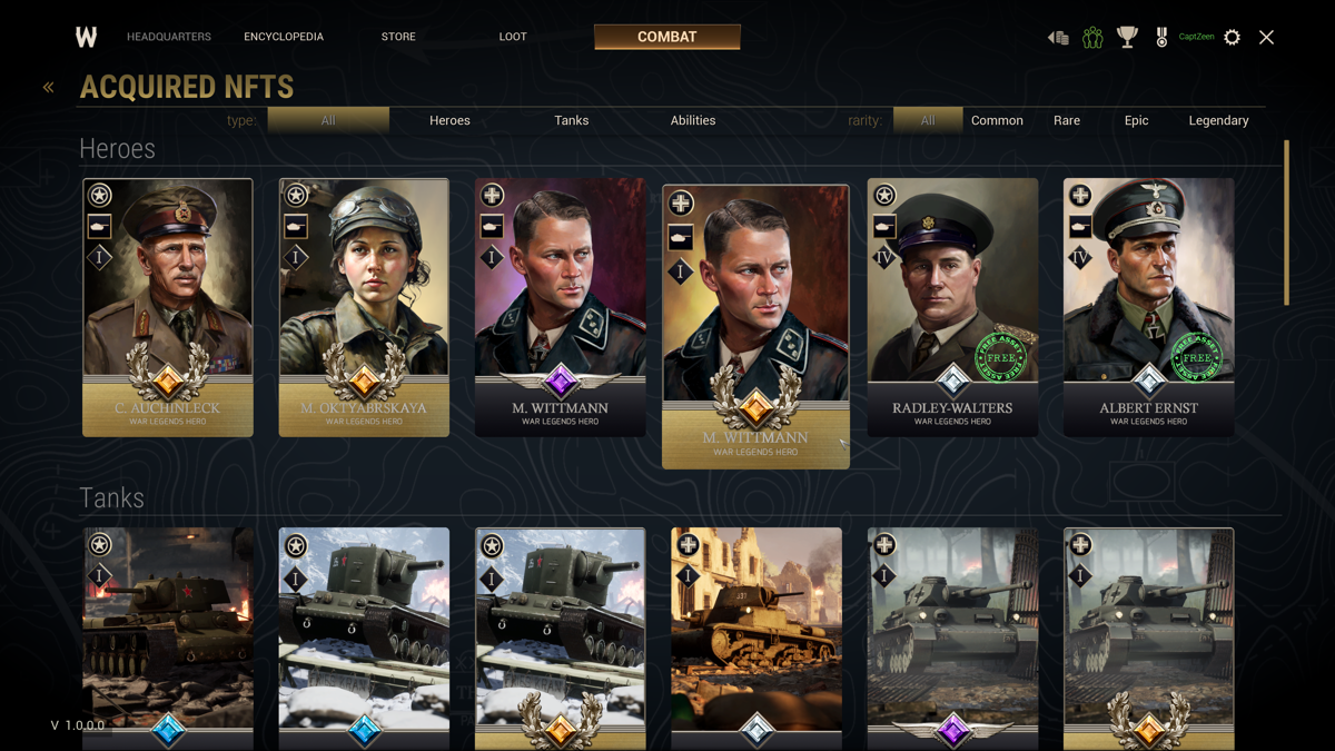 War Legends (Windows) screenshot: Adquired NFTs Collection