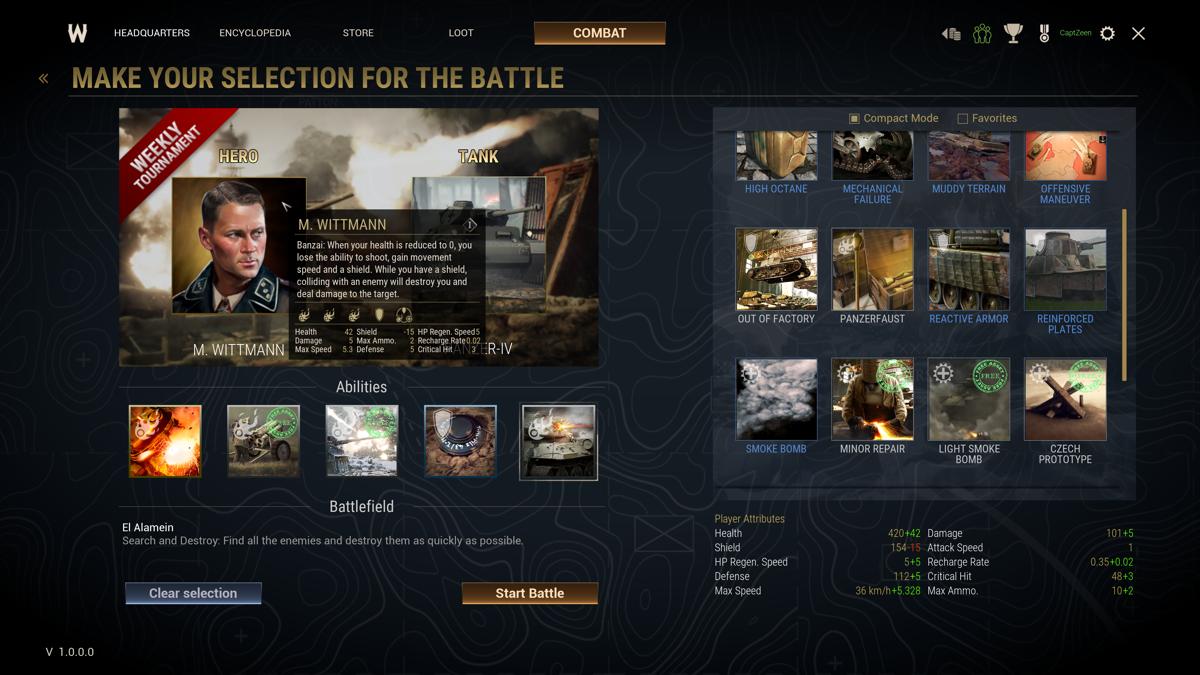 War Legends (Windows) screenshot: Weekly Tournament Loadout selection