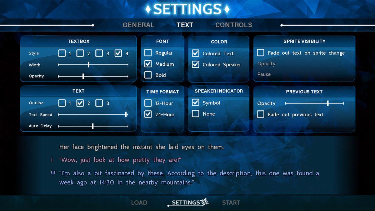 The Sekimeiya: Spun Glass (Windows) screenshot: Visual settings screen