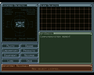 Exodus 3010: The First Chapter (Amiga) screenshot: Main game screen with a panel of options that let the player navigate through different spaceship sections.