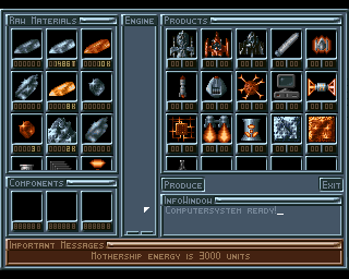 Exodus 3010: The First Chapter (Amiga) screenshot: Some equipment can be produced from different materials