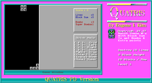 Quatris (DOS) screenshot: Starting out