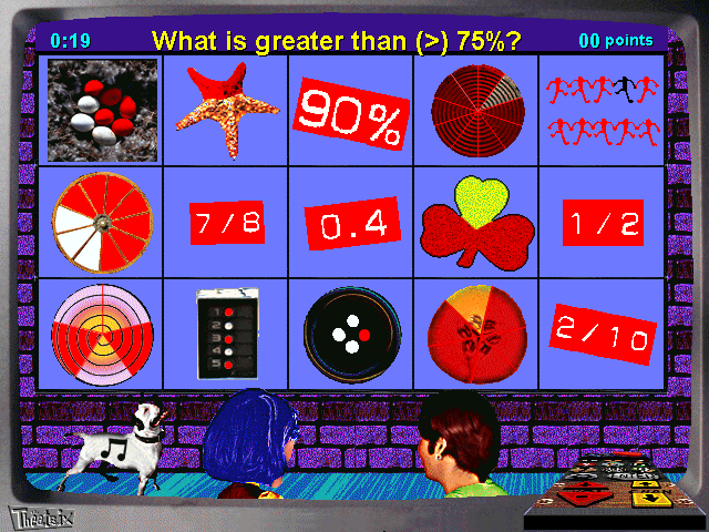 Math Heads (Windows 3.x) screenshot: Deciding which square matches the condition