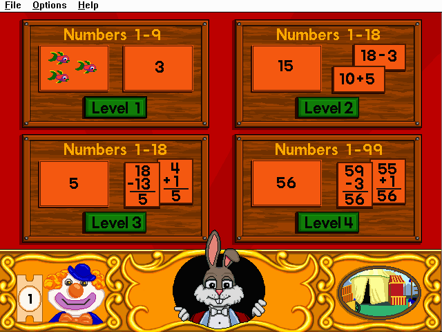 Math Rabbit Deluxe (Windows 3.x) screenshot: Difficulty selection for the concentration game