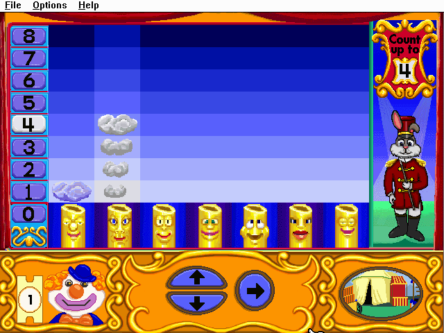 Math Rabbit Deluxe (Windows 3.x) screenshot: On difficulty 2, we have to use the arrows to count up as many times as the number shows