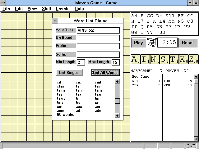 Maven (Windows 3.x) screenshot: ...or all valid combinations of our letters