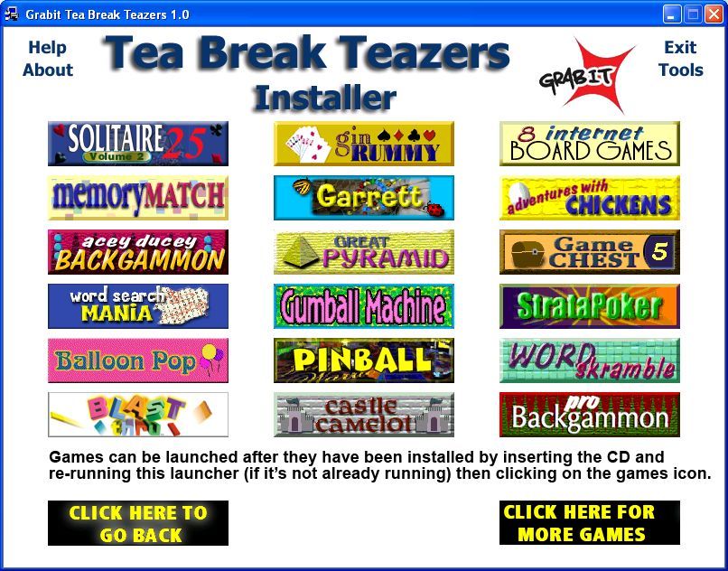 Tea-Break Teazers (Windows) screenshot: Menu 2: Some of the games have been renamed, 'Gin Rummy' for example installs as 'All American Gin Rummy'