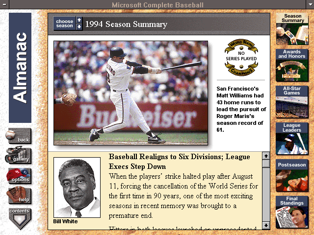 Microsoft Complete Interactive Guide to Baseball: 1995 Edition (Windows 3.x) screenshot: The data was updated with the 1994 season