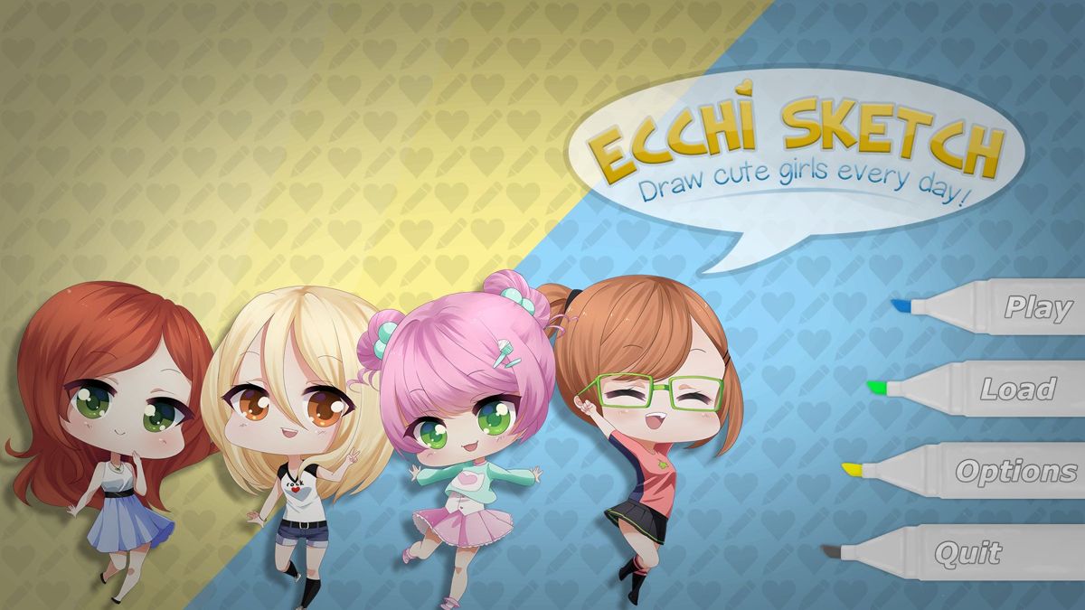 Ecchi Sketch: Draw Cute Girls Every Day! (Windows) screenshot: The main menu. This shows the main characters in the game, the playable character is the one on the left with the glasses