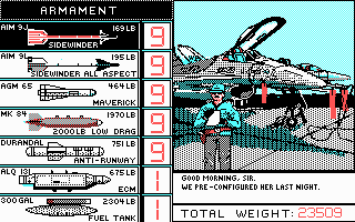 Falcon (DOS) screenshot: Selecting equipment (CGA)