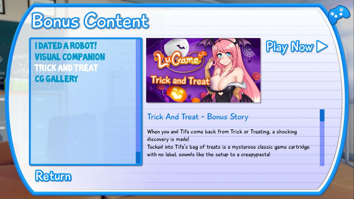 LuGame: Lunchtime Games Club (Windows) screenshot: There's a special Halloween story among the Bonus Content that has new music and is about an hour long, presumably this was part of the 2021 Halloween update