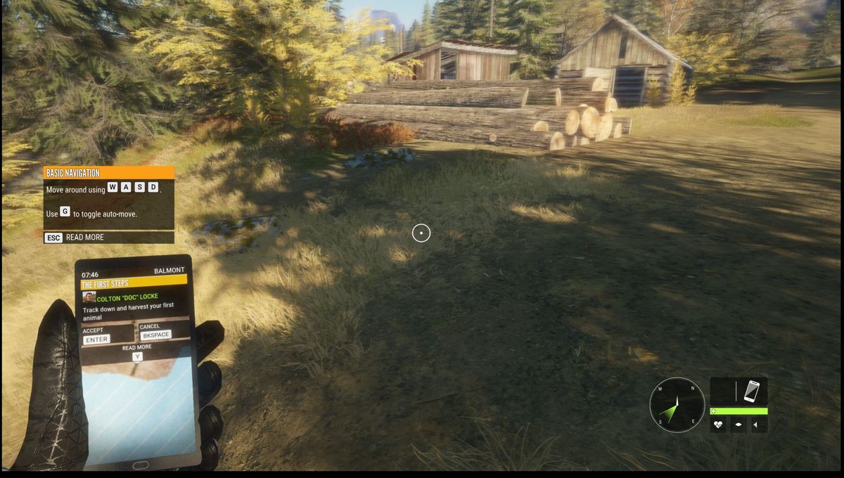 theHunter: Call of the Wild (Windows) screenshot: At the start of the game it seems impossible to move an inch without a tutorial message popping up