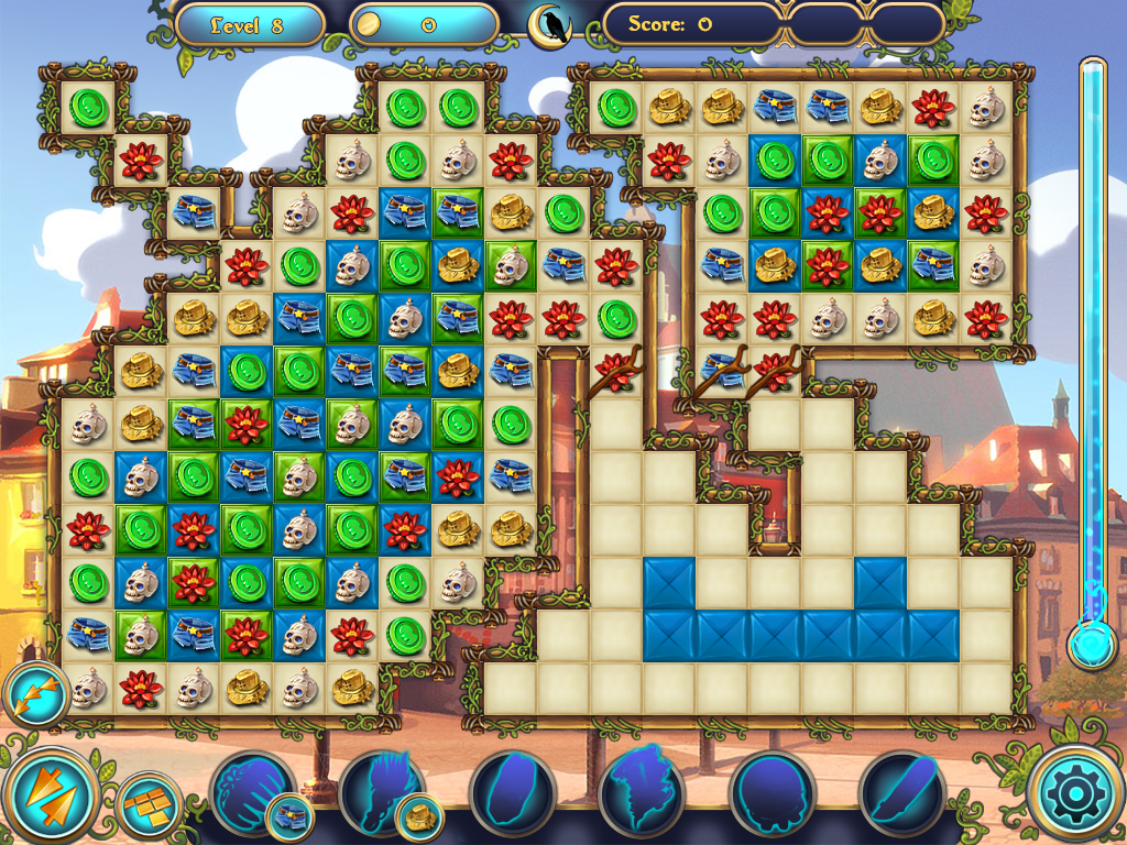 Magic Heroes: Save Our Park (Windows) screenshot: Level 8 has green tiles over some blue tiles. These must be cleared to clear the blue tiles.