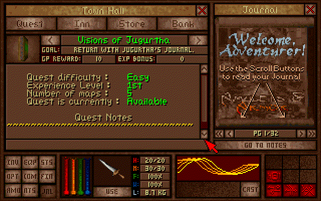 Amulets & Armor (DOS) screenshot: The mission screen. You can choose the mission you want to go on next, buy and sell items such as enchanted rings and axes of mayhem at the store, and rest at the inn.