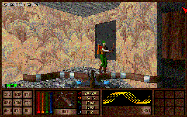 Amulets & Armor (DOS) screenshot: The game contains crossbows, but not longbows. This pesky elf will no doubt drop more ammo for the character to use when he dies.