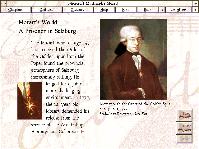Microsoft Multimedia Mozart (Windows 3.x) screenshot: Reading about Mozart