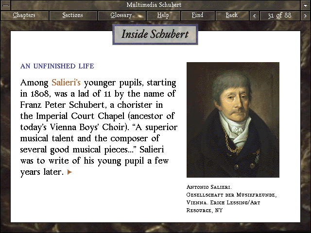 Microsoft Multimedia Schubert: The Trout Quintet (Windows 3.x) screenshot: We read a text about Schubert's life