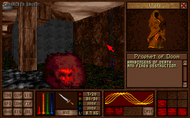 Amulets & Armor (DOS) screenshot: The Prophet of Doom (hidden behind his spell) just cast a powerful, seeking fireblast. The character is about to be shredded.