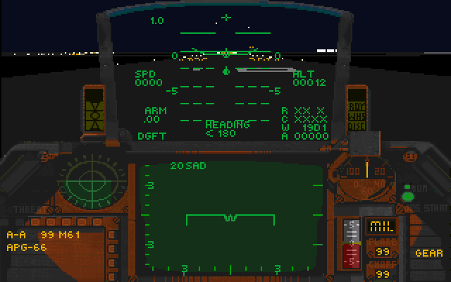 Falcon 3.0 (DOS) screenshot: takeoff at night!