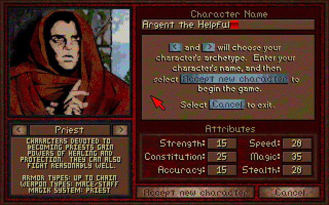 Amulets & Armor (DOS) screenshot: Creating a character... choose the archetype and the name. There are quite a few class selections.