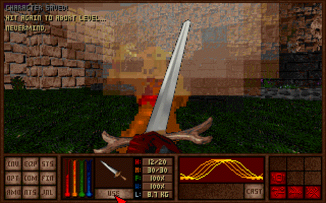 Amulets & Armor (DOS) screenshot: Sword-to-sword combat with a deadly knight. Warrior types are excellent at this, but mages and their kind will be pulped.