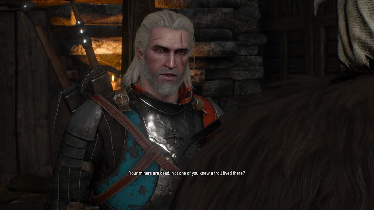 The Witcher 3: Wild Hunt - New Quest: "Contract: Missing Miners" (PlayStation 4) screenshot: Village elder isn't happy Geralt let the troll live, but Geralt chose justice over vengeance