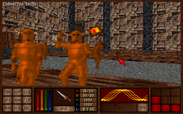 Amulets & Armor (DOS) screenshot: One of the knights you are fighting has been hit by a fireball.