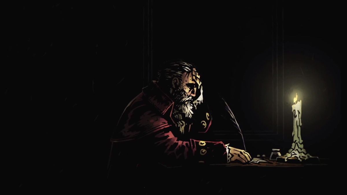 Darkest Dungeon (Windows) screenshot: Brief intro: the narrator reflects upon his past misdeeds.