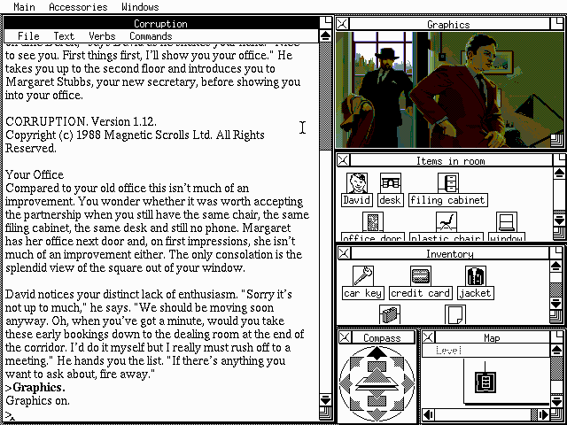 The Magnetic Scrolls Collection (DOS) screenshot: Up to 5 different windows can be opened at any time