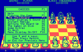 The Chessmaster 2000 (DOS) screenshot: The main options menu. Almost every submenu has as many choices