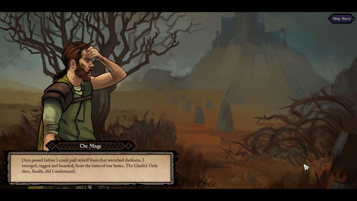 Ancient Enemy (Windows) screenshot: The game starts with the mage waking up to an empty and twisted land