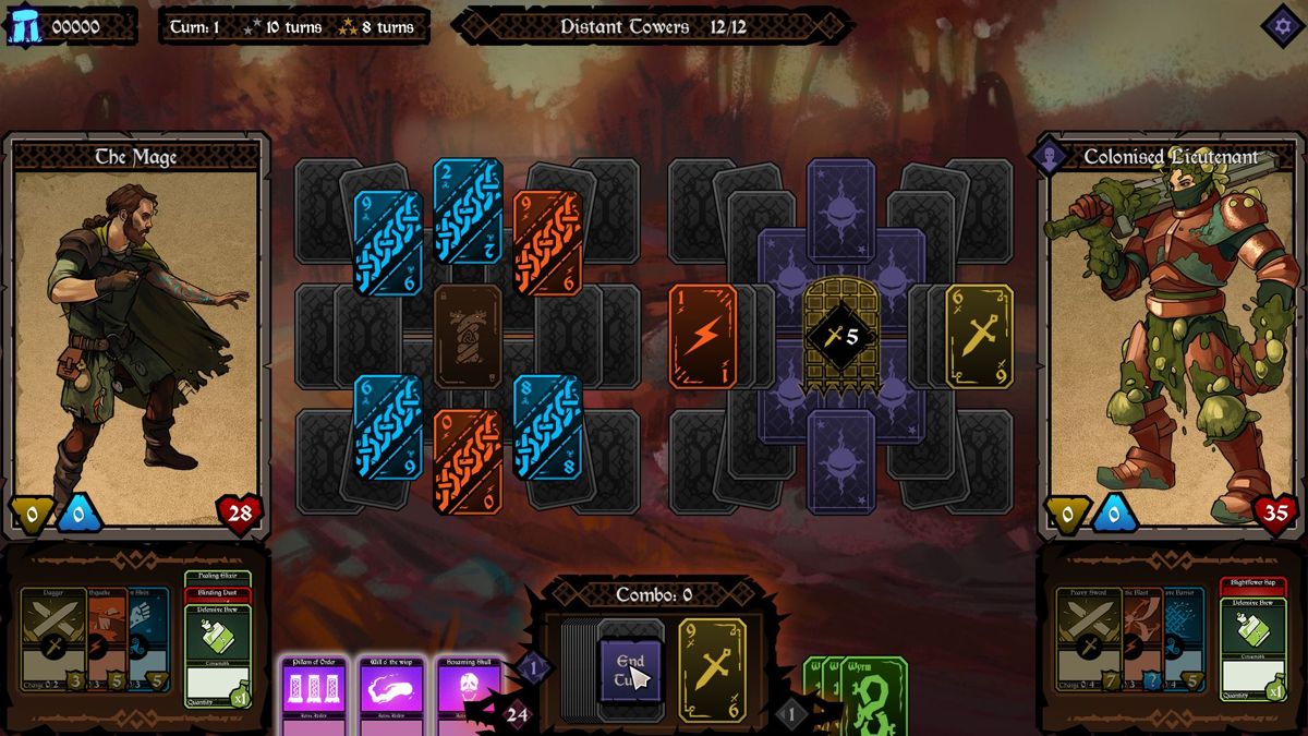 Ancient Enemy (Windows) screenshot: The cards with chains on them must be used twice before they disappear. The gate is blocking cards and will only disappear when five sword cards have been used