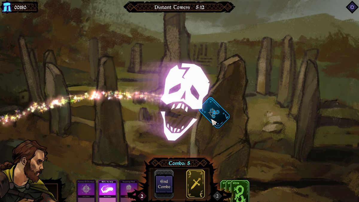 Ancient Enemy (Windows) screenshot: We have just used the Screaming Skull card, one of the purple cards at the bottom of the screen left of centre, it removes one card from the screen