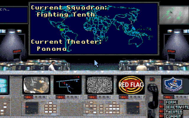 Falcon 3.0 (DOS) screenshot: main menu and game setup