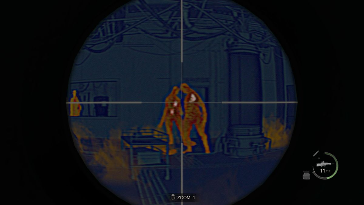 Resident Evil 4 (PlayStation 5) screenshot: Using special scope to see parasites inside reanimated corpses