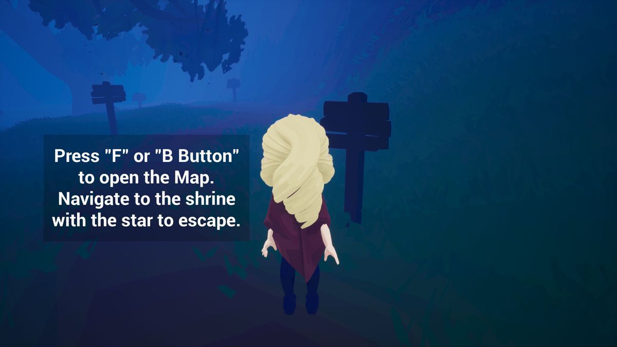 Wayward Rose (Windows) screenshot: The first few steps are safe and filled with messaged like this. Standing still recharges the sprint, C opens the compass, Z crouches etc